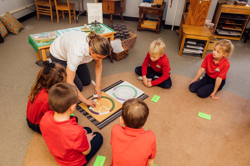 A teacher wearing a white shirt doing Catechisis of the Good Shepherd with students